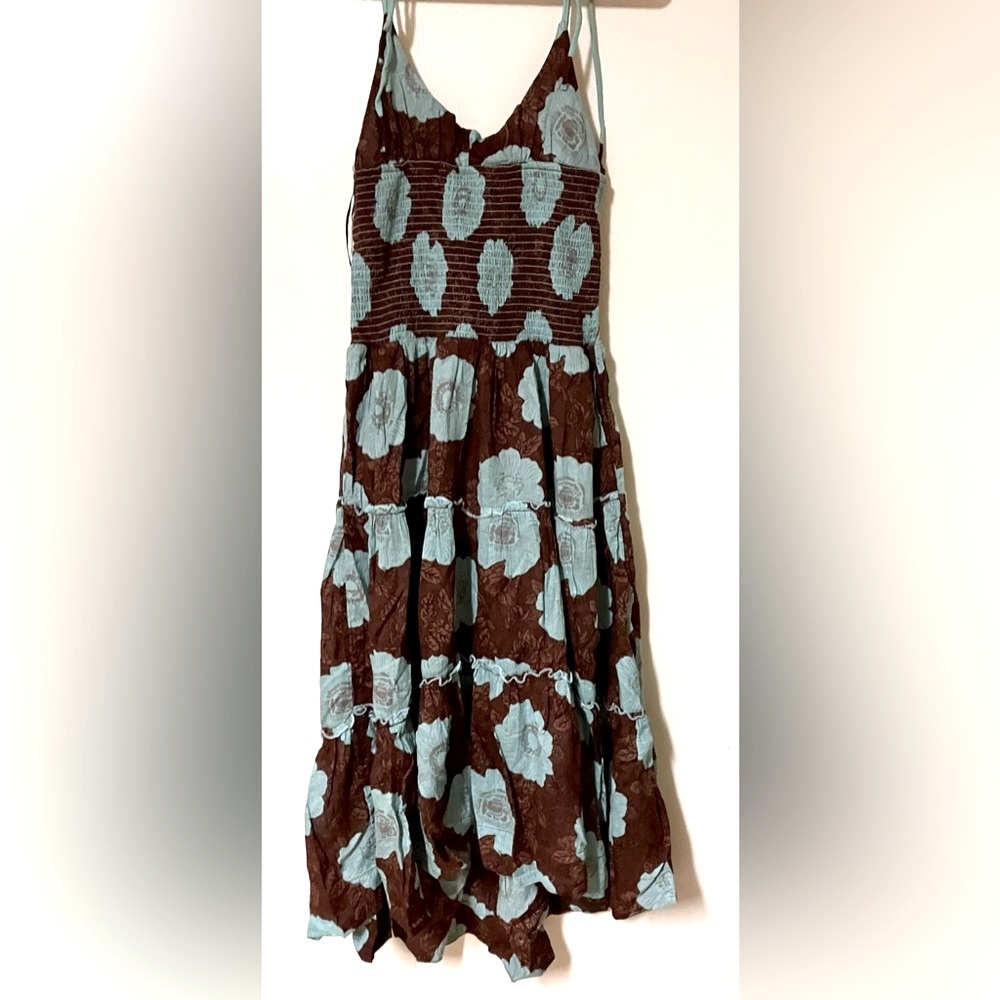 Free People Brown and Aqua Blue Floral Tiered Midi Dress Size M - Picture 6 of 8